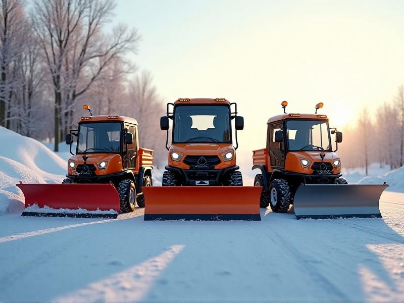 A comparison of different snow plow attachments: a blade plow, a brush plow, and an auger plow. Each is mounted on a small vehicle, set against a snowy background. The image emphasizes the functionality and design of each type, with detailed textures and realistic lighting.