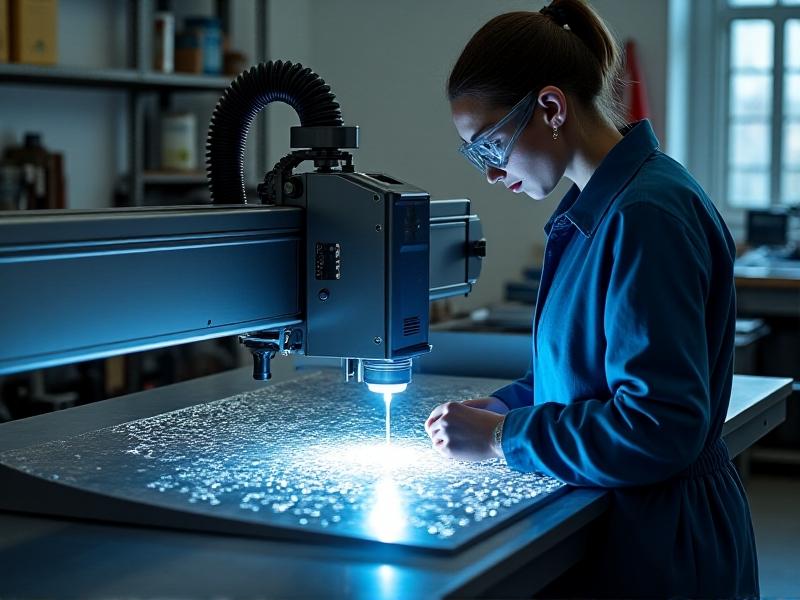 A high-tech laser etching machine in action, with a focused beam of light etching a complex design onto an aluminum panel. The machine is surrounded by a clean, industrial workspace, emphasizing the precision and efficiency of the process.
