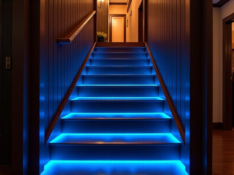 An image of a residential staircase illuminated by Glow-in-the-Dark Safety Accent strips. The glowing strips are applied to the edges of each step, creating a soft blue light that guides the way. The setting is a cozy home with warm lighting and wooden stairs. The mood is welcoming and safe, showcasing the practical application of the kit in a home environment.