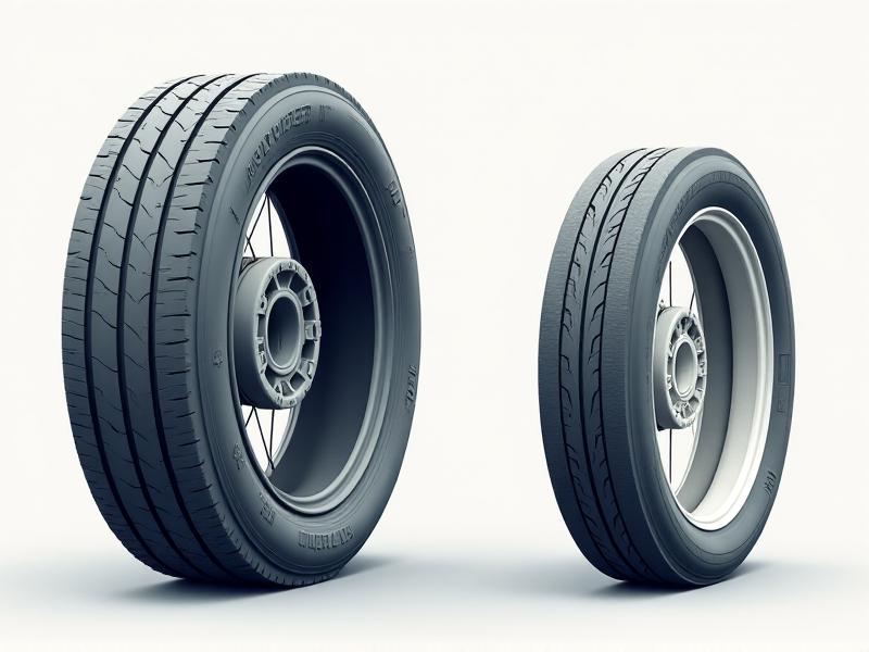 A detailed cross-section diagram of pneumatic and solid tires, illustrating the layers and materials used in each. The pneumatic tire shows the air chamber and tread, while the solid tire displays the uniform, dense rubber composition.