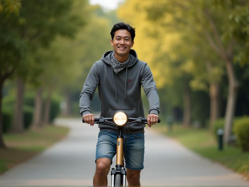 A scooter rider confidently using an emergency jump-start pack in a serene park setting. The image captures the rider's relief and satisfaction, with the jump-start pack prominently displayed, emphasizing its role in providing security and convenience.