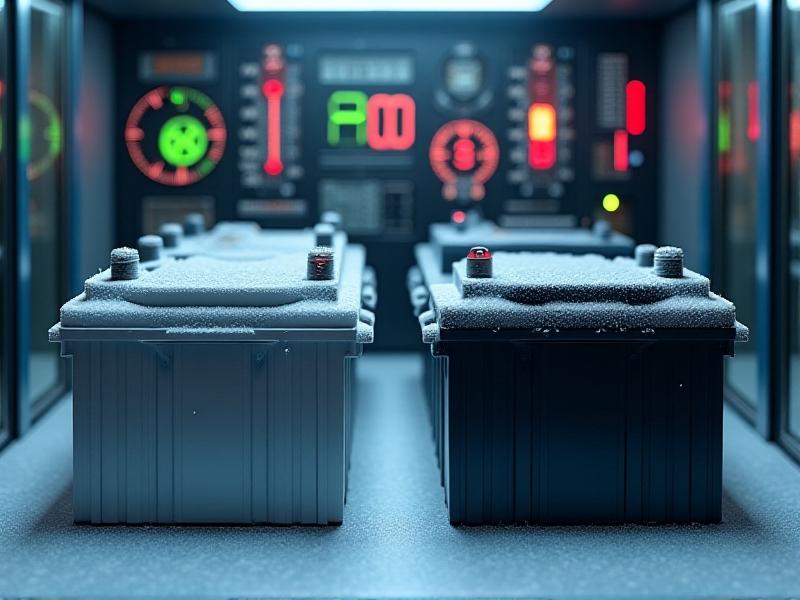 A photograph of a Lithium battery and an AGM battery being tested in a controlled cold-weather environment. Both batteries are connected to monitoring equipment, with frost forming on their surfaces. The setting is a climate-controlled chamber with temperature gauges visible in the background.
