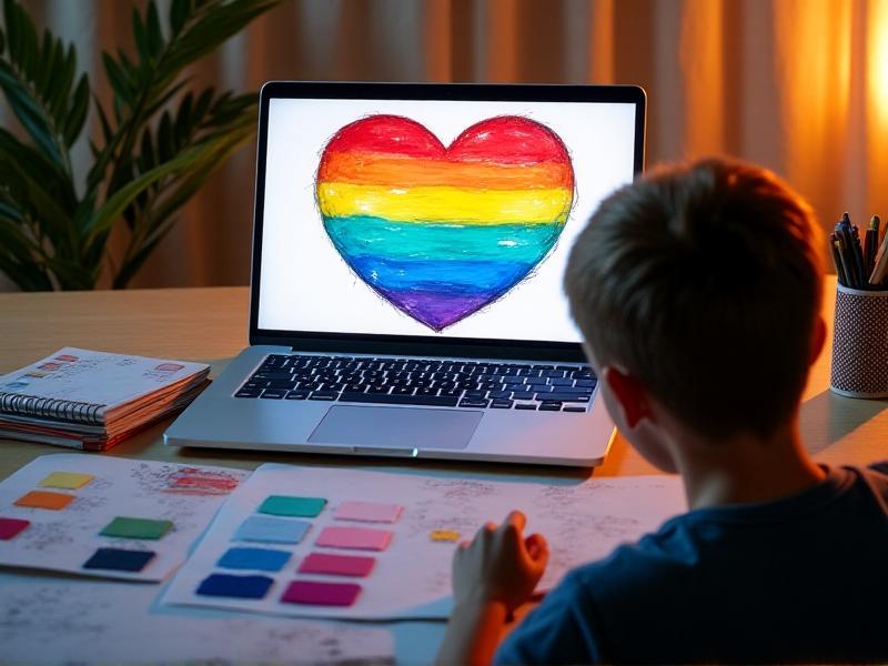 A designer working on a laptop, creating a digital mockup of a pride flag wrap. The screen shows a vibrant rainbow flag design with bold, colorful stripes. The workspace is filled with inspiration, including sketches and color swatches.