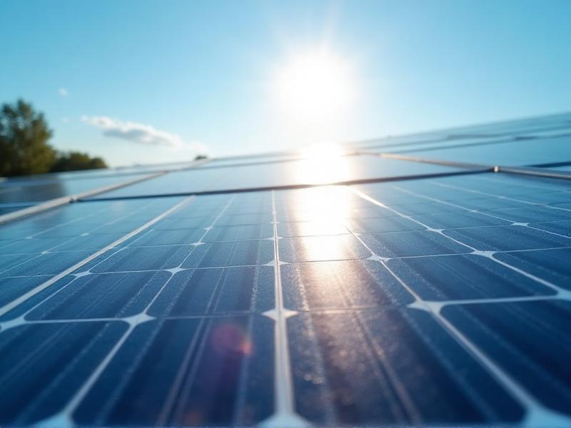 Close-up of photovoltaic panels on a rooftop, with a clear blue sky in the background, highlighting the intricate design of the silicon cells and their role in energy conversion.
