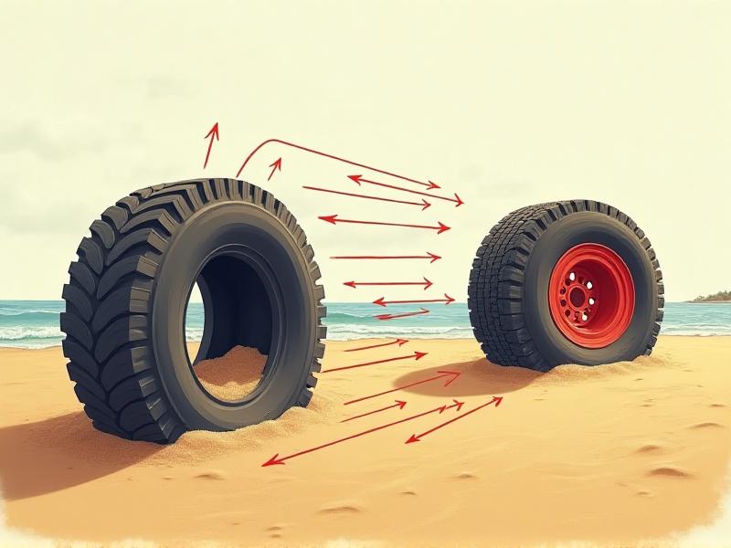 An illustrative diagram showing the physics behind flotation tires, with arrows indicating the distribution of weight over a larger surface area. The diagram contrasts a standard tire sinking into the sand with a flotation tire staying on top, highlighting the scientific principles at play.