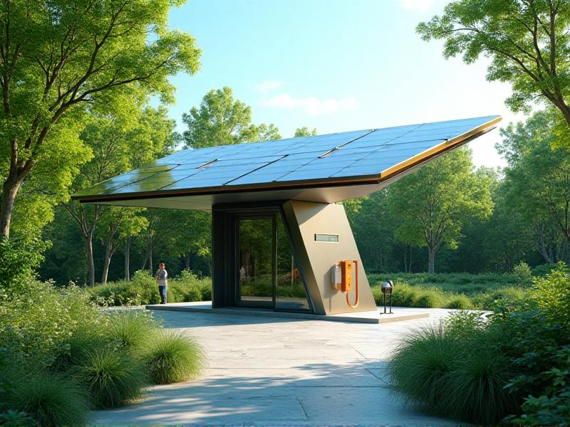 A swappable battery station powered by solar panels, surrounded by lush greenery and clear blue skies. The station’s design is sleek and modern, with a focus on sustainability. The solar panels are prominently featured, highlighting the integration of renewable energy into the ecosystem.