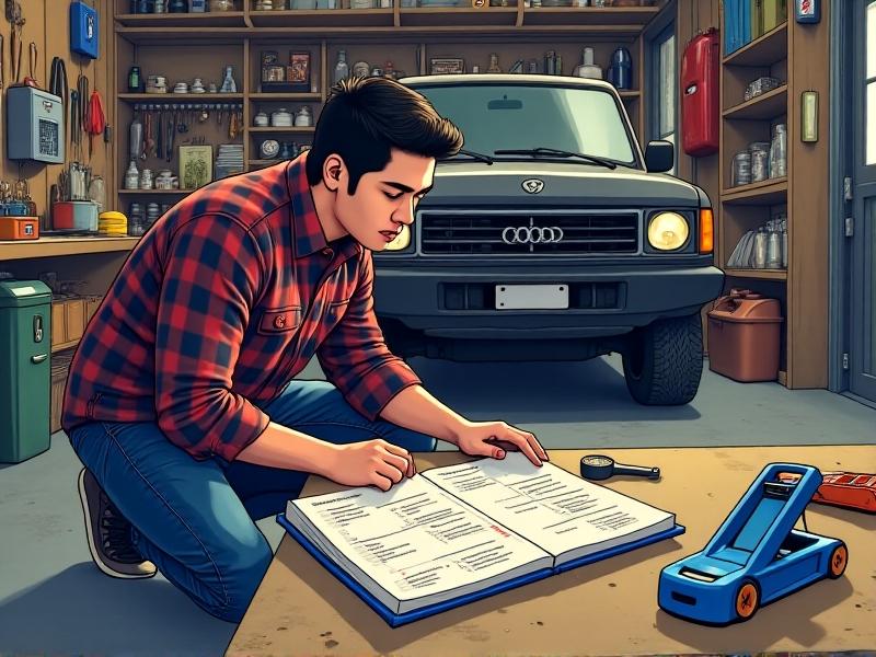 A vehicle owner consulting the owner's manual to find the correct torque specs for their tires. The manual is open on a table with a torque wrench and other tools nearby. The background shows a well-organized garage with various automotive tools and equipment. The image emphasizes the importance of using the correct torque specs for tire maintenance.