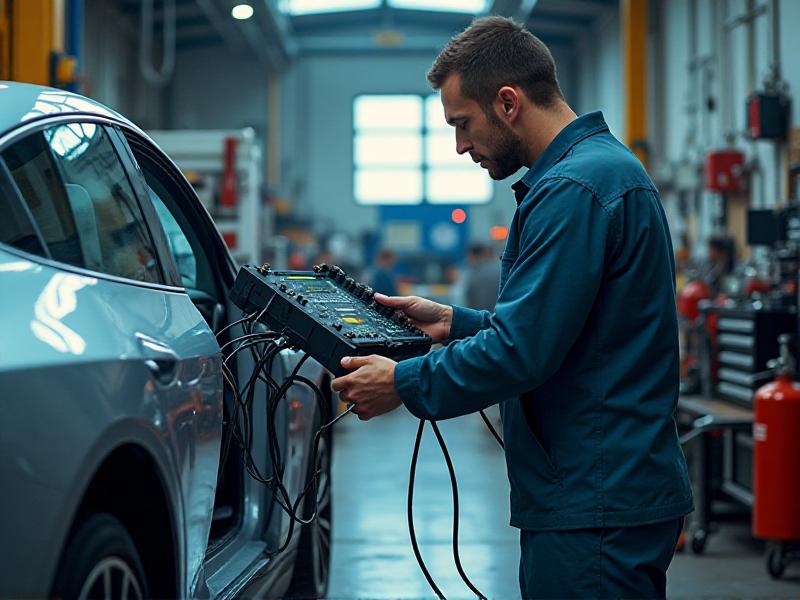 A technician installing a new Battery Management System in an electric vehicle, with a focus on the control panel and wiring, set in a well-lit workshop with tools and safety equipment visible in the background.
