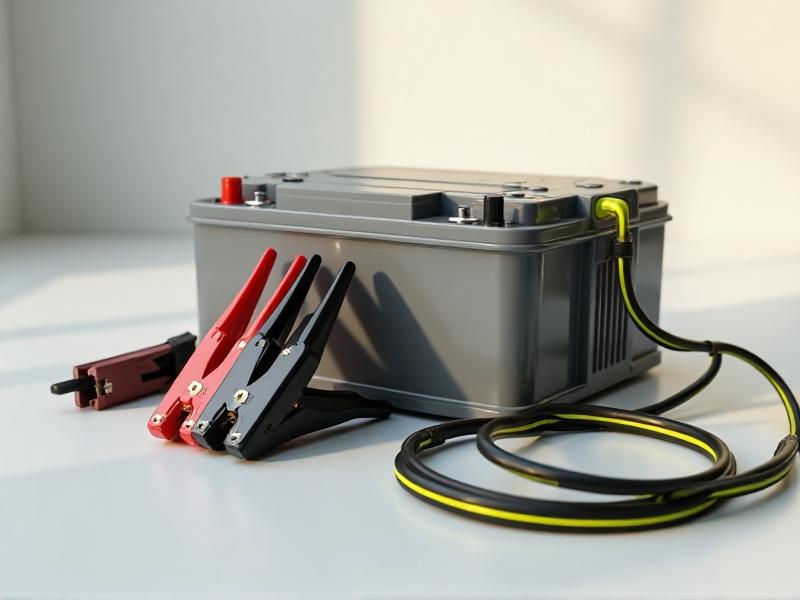A detailed close-up of an emergency jump-start pack's components, including the battery, cables, and clamps, arranged on a clean white surface. The image highlights the quality and durability of the components, with a focus on the clamps' robust design and the cables' thick insulation.