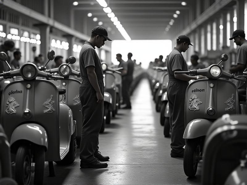 An archival black-and-white photograph of a 1950s scooter factory, with workers meticulously applying paint to scooters on an assembly line. The image captures the industrial yet artistic process of early scooter manufacturing.