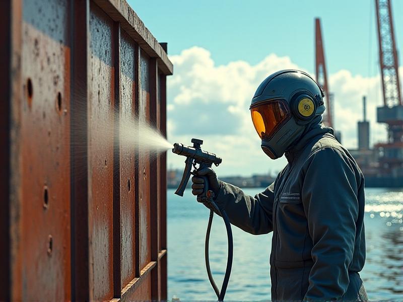 A worker in protective gear applying anti-corrosion coating to a metal surface using a spray gun, with a backdrop of a coastal industrial site. The image captures the precision and care required in the application process to achieve long-lasting protection against corrosion.
