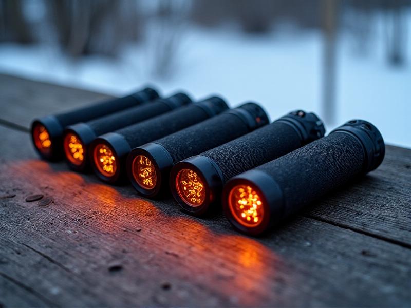 A comparison image of different types of heated handlebar grips, including battery-powered and vehicle-connected models, displayed on a wooden table with a snowy background.