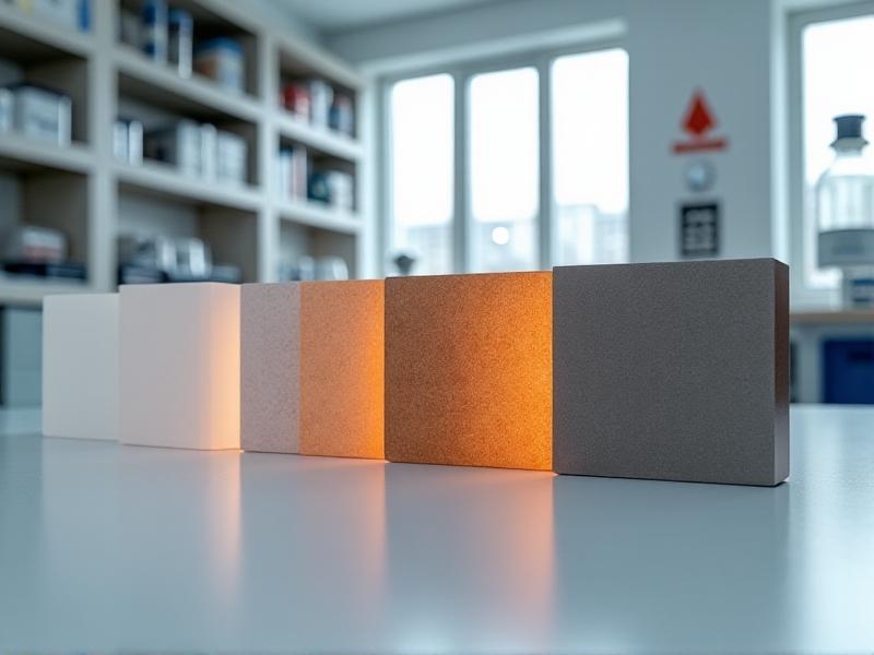 A close-up image of various materials used in fireproof battery cases, including flame-retardant polymers, ceramic composites, and metal alloys. The photo highlights the texture and durability of each material, set against a laboratory backdrop to emphasize their role in advanced safety technology.