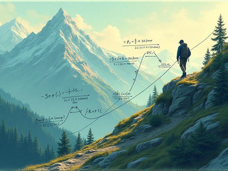 A technical diagram illustrating the power calculation process for hill climbing, with formulas, variables, and step-by-step annotations. The diagram is set against a backdrop of a mountain landscape, emphasizing the practical application of the calculations.