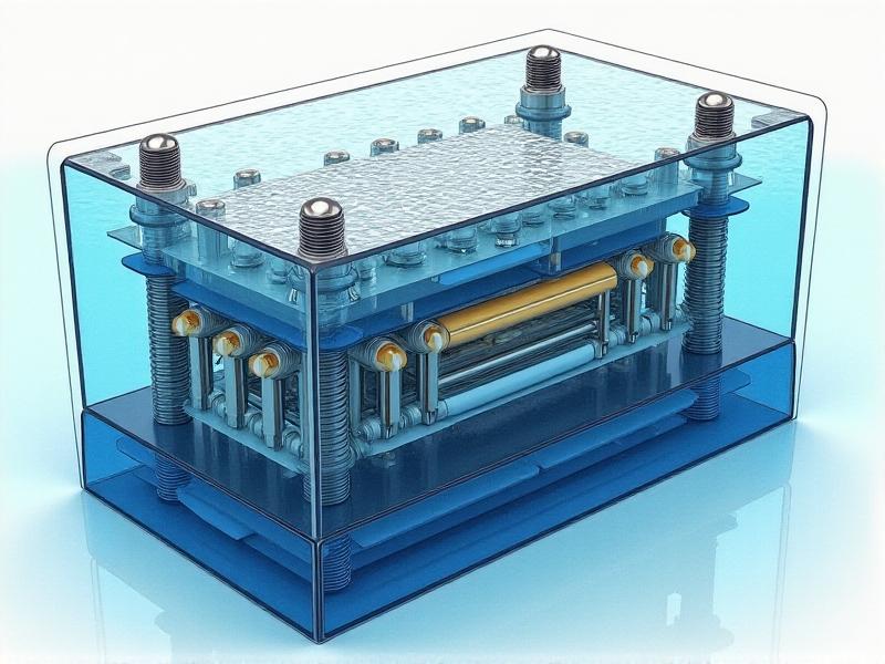 A cross-sectional diagram of a submersible controller enclosure, showing its layered construction with polycarbonate walls, stainless steel bolts, and O-ring seals. The image emphasizes the technical details of the design, with a focus on the materials and sealing mechanisms that ensure waterproofing and durability.