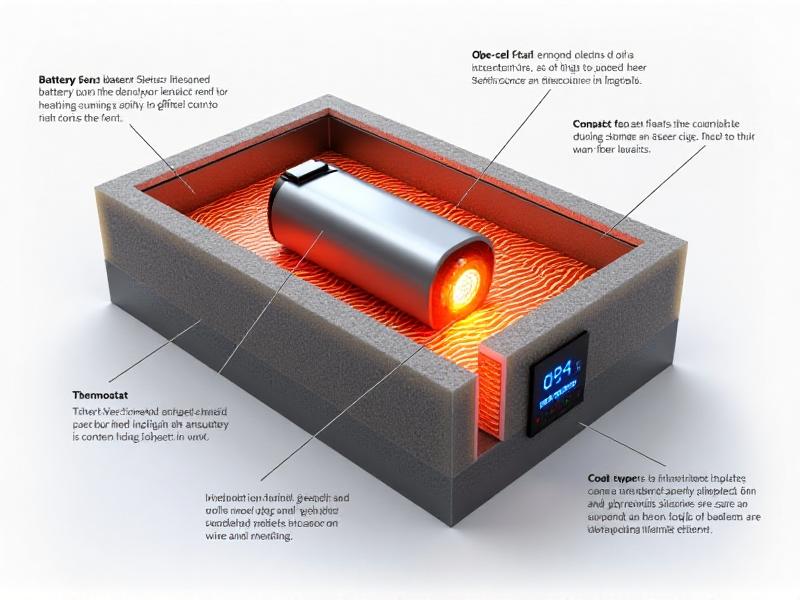 A detailed cross-sectional diagram of a battery heated storage compartment, showing the internal components such as the battery, heating elements, thermostat, and insulation layers, with annotations explaining their functions.