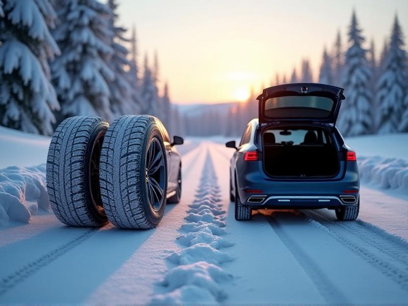A comparison image of studless winter tires and tire chains. The studless tires are shown on a snowy road, while the tire chains are displayed next to a car ready for installation. The image highlights the versatility and effectiveness of these alternatives in winter conditions.