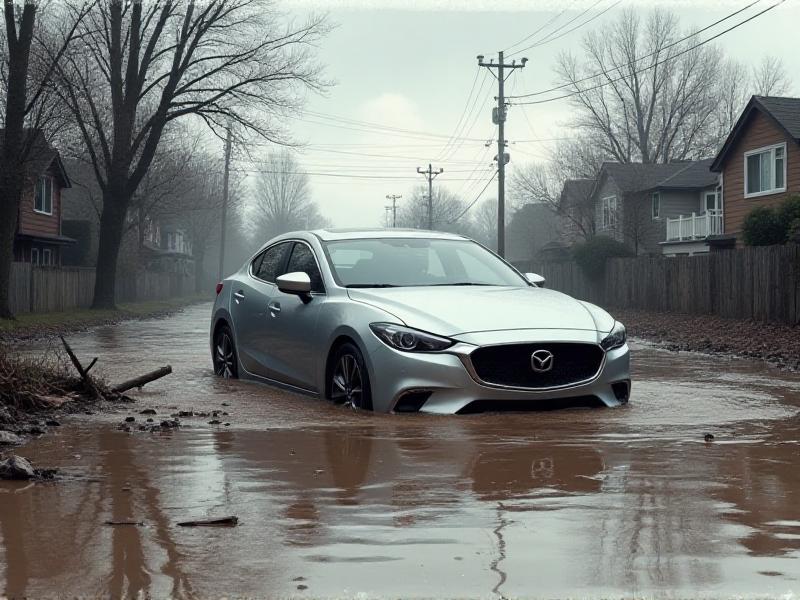 A car partially submerged in floodwater, with its interior soaked and mud stains on the exterior. The vehicle is parked on a flooded street with debris floating around. The scene is illuminated by the soft glow of a cloudy sky, emphasizing the aftermath of a flood.