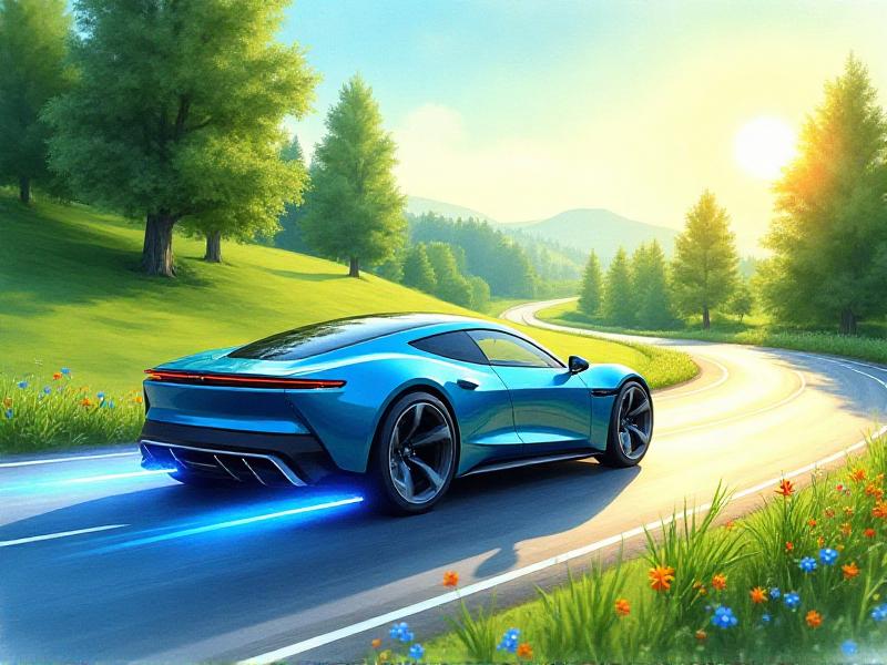 A modern electric vehicle driving on a scenic road, with a focus on the regenerative braking system's benefits. The image highlights the vehicle's efficiency and sustainability, with a bright, sunny day and lush green surroundings. The style is vibrant and optimistic, emphasizing the positive impact of regenerative braking modifications.