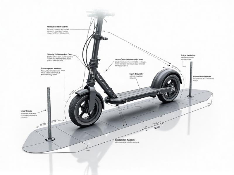 A detailed technical diagram of a scooter anchoring system, showing cross-sections of ground anchors, reinforced clamps, and weather-resistant straps. The diagram is set against a white background with labels and annotations explaining each component’s function in a hurricane-proof setup.