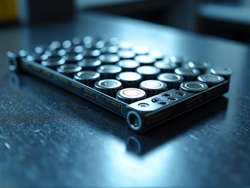 Close-up of lithium cells and a battery management system (BMS) arranged neatly on a workbench. The cells are metallic and cylindrical, with the BMS featuring a compact, circuit board design. The lighting is soft, highlighting the precision engineering of the components.