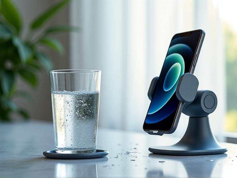 A close-up of a waterproof cup holder and phone mount combo in action, with a smartphone securely placed and a water bottle inside the holder. The image captures water droplets on the device, demonstrating its resistance to moisture in a realistic, high-detail setting.