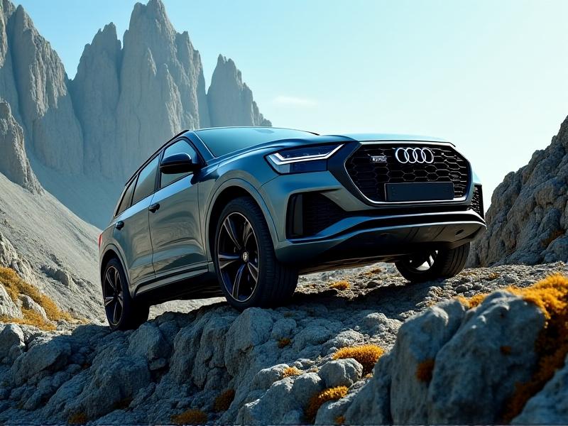 A vehicle driving up a steep incline with its tires firmly gripping the rocky terrain. The tires show no signs of wear or instability, and the background features a rugged mountain landscape with clear blue skies. The image conveys the importance of proper torque in maintaining tire performance on challenging terrains.