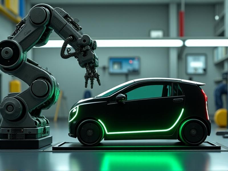 A detailed close-up of a robotic arm at a swappable battery station, skillfully removing a depleted battery from an electric vehicle. The scene is set in a clean, well-lit environment with a focus on precision and efficiency. The battery is black with green accents, symbolizing eco-friendliness and innovation.