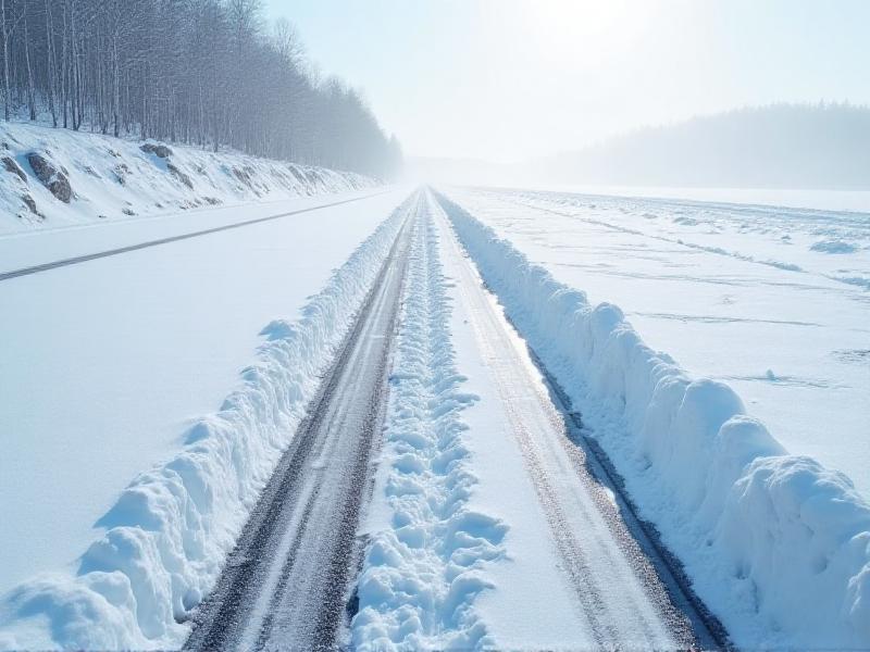 A split image showing a road damaged by studded tires on one side and a pristine, snow-covered road on the other. The damaged side has visible grooves and cracks, while the other side is smooth and untouched, emphasizing the environmental impact of studded tires.