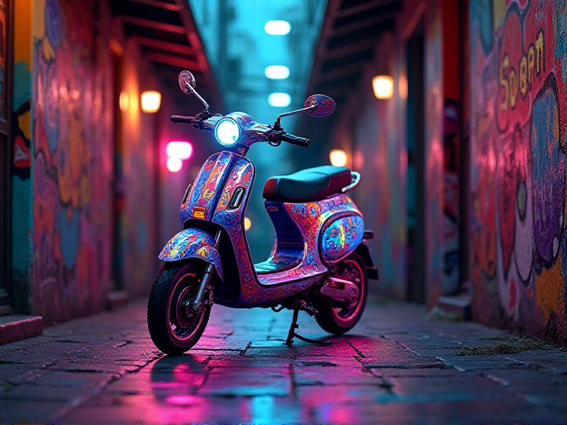 A colorful scooter with a sound effect module playing a futuristic theme, surrounded by vibrant graffiti art in an urban alley. The image conveys creativity and individuality, with the scooter as a canvas for self-expression.