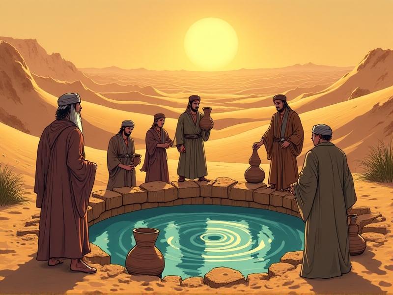 An illustration of an ancient sand filtration system used by Bedouin tribes, featuring a well surrounded by layers of sand and gravel. The scene is set in a desert with a warm, golden hue, and the figures of Bedouin people are shown drawing water. The image has a historical, hand-drawn style with intricate details.