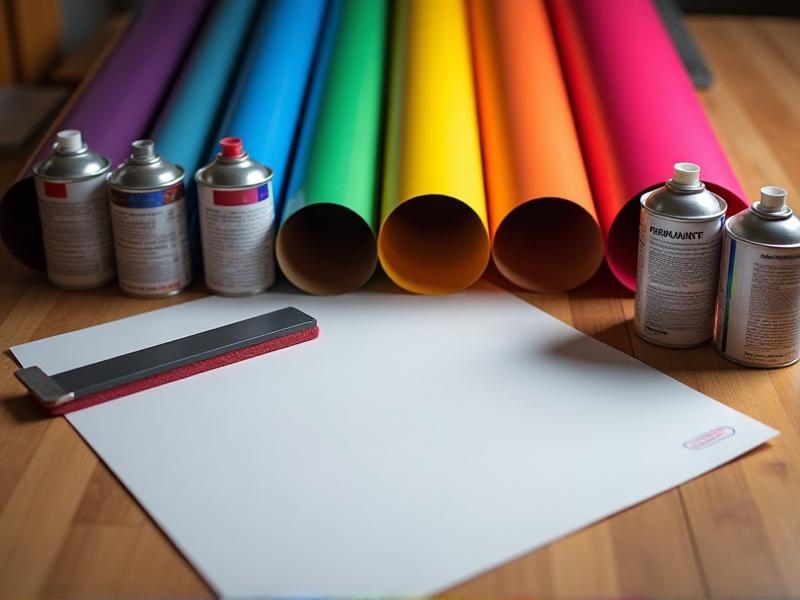 A close-up of various materials for pride flag wraps, including rolls of vinyl in rainbow colors, adhesive spray, a squeegee, and a cutting mat. The materials are neatly arranged on a wooden table, ready for use.