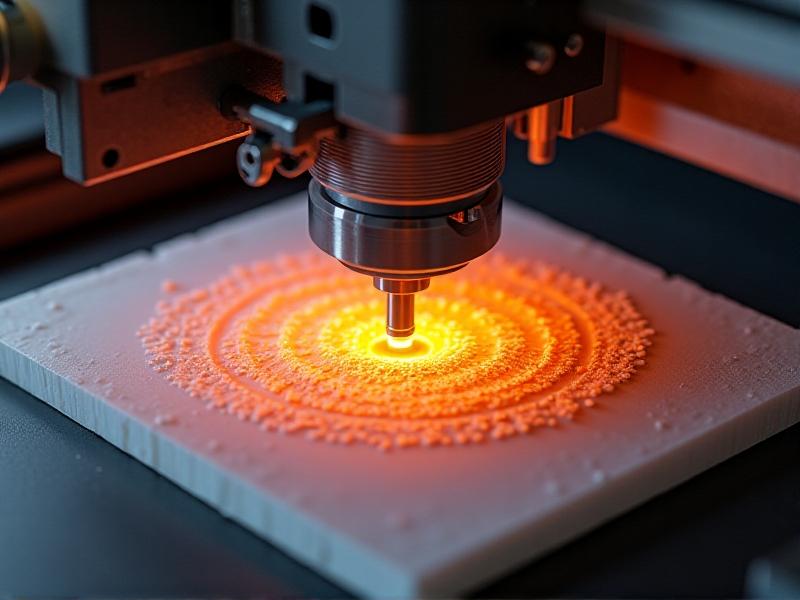 A high-resolution 3D printer in action, meticulously layering material to create a car dashboard panel. The printer's nozzle moves with precision, depositing molten plastic in a controlled pattern. The workspace is well-lit, highlighting the advanced machinery and the intricate design of the panel being produced.