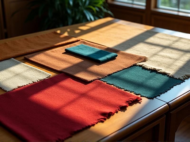 A vibrant display of various upholstery materials, including richly colored velvet swatches, smooth leather samples, and textured linen fabrics, arranged on a wooden table. The natural light highlights the different textures and hues, emphasizing the importance of material selection in custom upholstery.