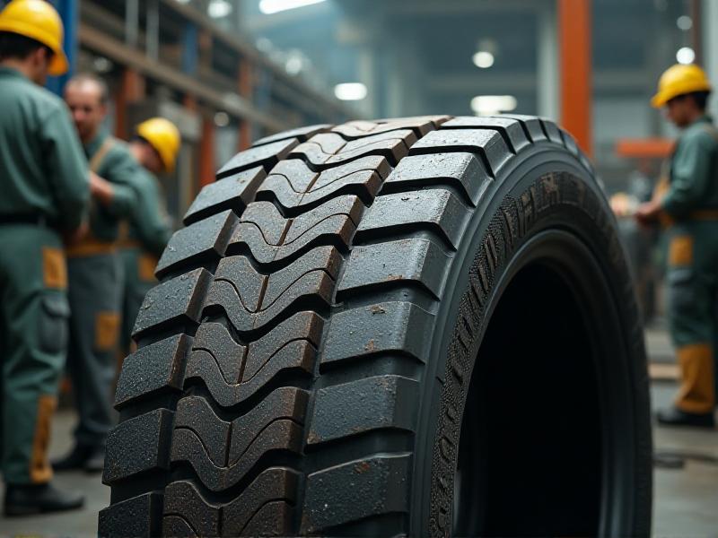 A close-up image of a flotation tire being constructed, showing the layers of durable rubber and reinforced sidewalls. The setting is a tire manufacturing workshop, with tools and machinery in the background, emphasizing the precision and care involved in the construction process.