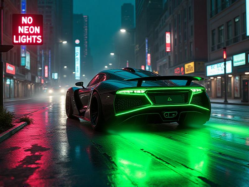 A neon-lit car driving past a traffic sign that reads 'No Neon Lights' in bold letters. The car's undercarriage glows with a bright green hue, contrasting with the dark road and the illuminated sign. The image conveys the tension between car customization and legal restrictions, highlighting the importance of understanding local regulations.