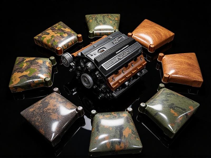 A collection of car parts showcasing various hydro dip patterns, including carbon fiber, camouflage, and wood grain. Each piece displays vibrant colors and detailed textures, highlighting the versatility of the technique.