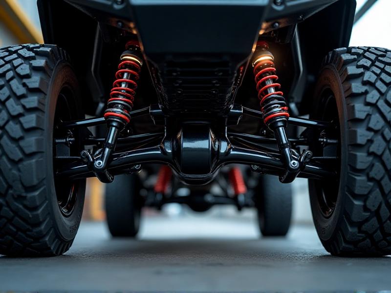 A close-up view of an elevated vehicle's undercarriage, showcasing the reinforced suspension system and specialized tires. The components are highlighted with a metallic sheen, set against a dark background to emphasize the engineering details. The image conveys a sense of durability and advanced technology.