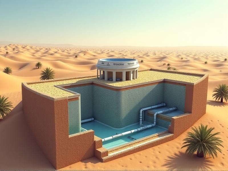 A cross-sectional view of a modern desert sand filtration system, showing the pre-treatment unit, sand filter bed, and collection system. The image has a technical, detailed design with labels explaining each component. The background features a desert landscape with a clear blue sky, emphasizing the system's integration into the environment.