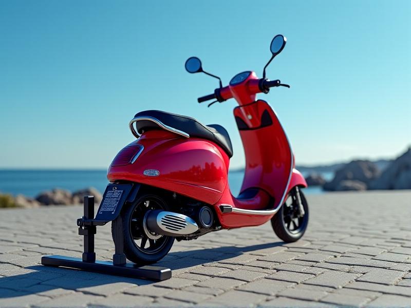 A close-up of a versatile scooter anchoring system in action, featuring adjustable clamps and straps securing a red scooter. The system is installed on a paved surface, with a clear blue sky in the background, highlighting its user-friendly and durable design.