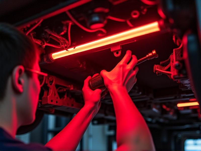 A close-up view of neon tubes being installed under a car's chassis. The bright red tubes are secured with metal brackets, and a technician is seen adjusting their placement. The image highlights the precision required for installation, with tools and wiring visible in the background. The vibrant red glow of the tubes contrasts with the metallic underside of the car, emphasizing the technical process of adding neon lighting.