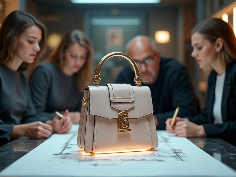 A conceptual image of a luxury handbag being designed in a high-tech workshop, with designers from two different brands collaborating. The setting is sleek and modern, with soft lighting highlighting the intricate details of the product. The mood is one of innovation and creativity.