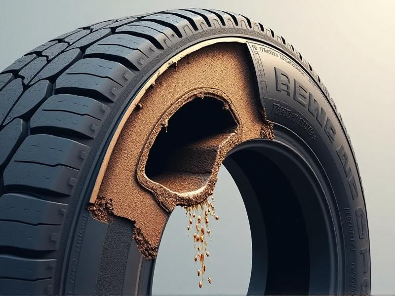 An illustration showing the cross-section of a tire with a puncture being sealed by a liquid sealant, highlighting the particles clogging the hole in a detailed, educational diagram style.