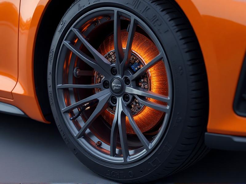 A detailed cross-section of a car tire showing the placement of a TPMS sensor inside the wheel. The image highlights the sensor’s components, including the pressure gauge and transmitter, with a close-up of the sensor’s electronic circuitry. The background is a soft orange hue, emphasizing the technical details and the sensor’s integration into the tire structure.