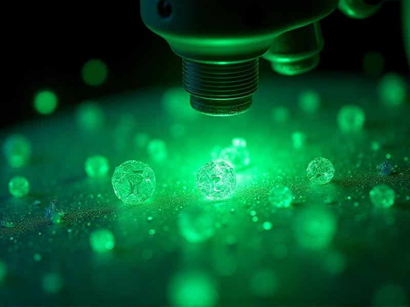 A close-up image of phosphorescent material under a microscope, showing its crystalline structure. The material glows in a bright green hue, with intricate patterns visible under magnification. The background is dark, emphasizing the luminescent properties. The style is scientific and detailed, conveying the technological sophistication of the material.