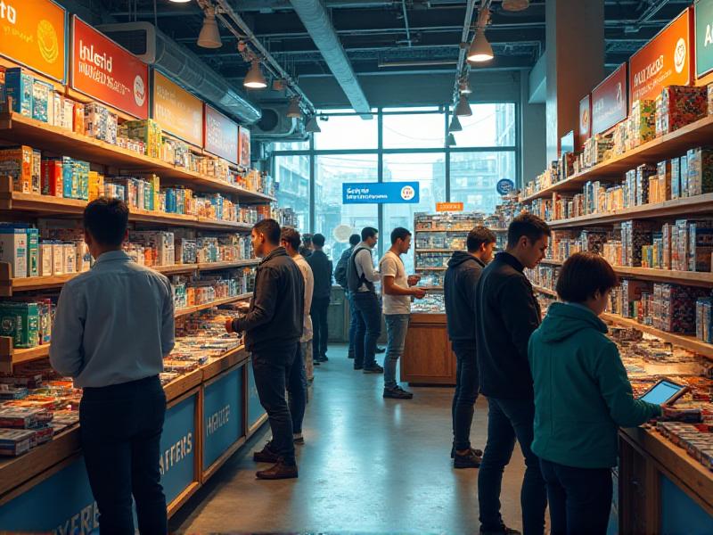 A bustling electronics store with shelves filled with various aftermarket batteries, highlighting the diversity and demand in the market. The image conveys a sense of consumer choice and the importance of safety certifications in a competitive landscape.