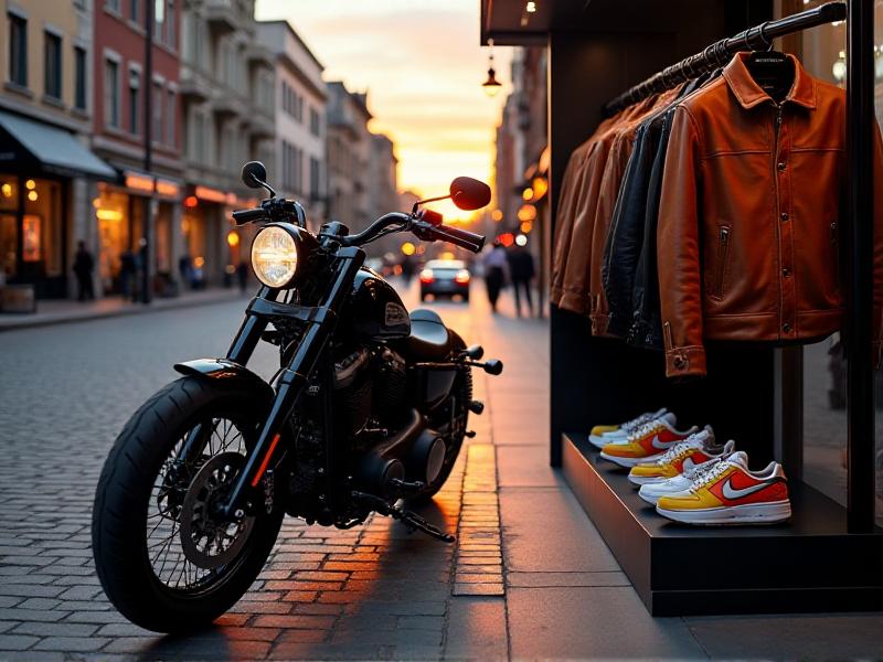 A sleek Harley-Davidson motorcycle parked next to a display of luxury leather jackets and sneakers from a collaboration with John Varvatos and Nike. The image captures the fusion of rugged motorcycle culture with high-end fashion, set against a backdrop of an urban street at sunset.