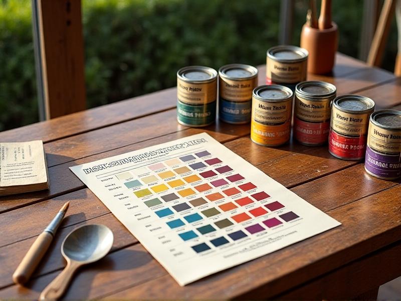 A detailed chart of vintage scooter paint codes, with color swatches and corresponding code numbers. The chart is laid out on a wooden table, surrounded by paint cans and brushes, evoking a sense of craftsmanship.