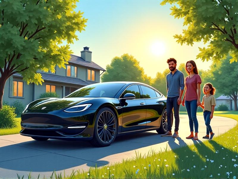 A family standing next to their electric vehicle, which is connected to a solar charging station in a suburban driveway, with green trees and a sunny sky in the background, emphasizing the eco-friendly nature of solar energy.