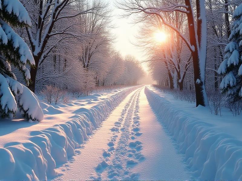 A freshly cleared scooter path, with no snow or ice in sight. The path is lined with trees covered in snow, and the sun shines brightly, creating a warm and inviting atmosphere. The image conveys the effectiveness of snow plow attachments in maintaining safe and accessible paths.